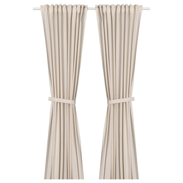 LENDA curtains with tie-backs, 1 pair, off-white/with heading tape, 140x300 cm