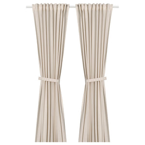 LENDA curtains with tie-backs, 1 pair, off-white/with heading tape, 140x300 cm