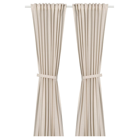 LENDA curtains with tie-backs, 1 pair, off-white/with heading tape, 140x300 cm