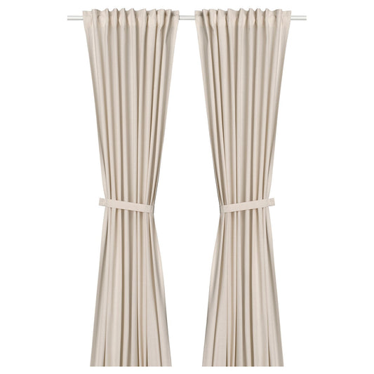 LENDA curtains with tie-backs, 1 pair, off-white/with heading tape, 140x300 cm
