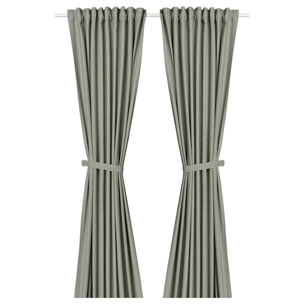 LENDA curtains with tie-backs, 1 pair, light grey-green/with heading tape, 140x300 cm