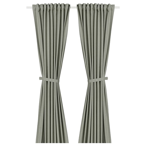 LENDA curtains with tie-backs, 1 pair, light grey-green/with heading tape, 140x300 cm