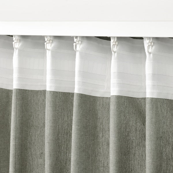 LENDA curtains with tie-backs, 1 pair, light grey-green/with heading tape, 140x300 cm