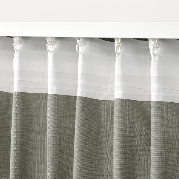 LENDA curtains with tie-backs, 1 pair, light grey-green/with heading tape, 140x300 cm