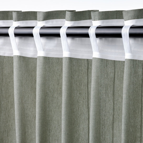 LENDA curtains with tie-backs, 1 pair, light grey-green/with heading tape, 140x300 cm