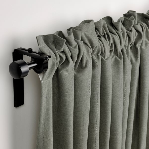 LENDA curtains with tie-backs, 1 pair, light grey-green/with heading tape, 140x300 cm