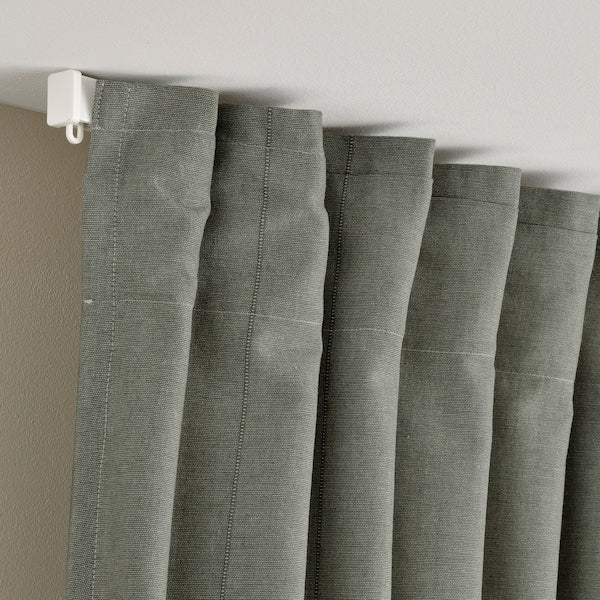 LENDA curtains with tie-backs, 1 pair, light grey-green/with heading tape, 140x300 cm