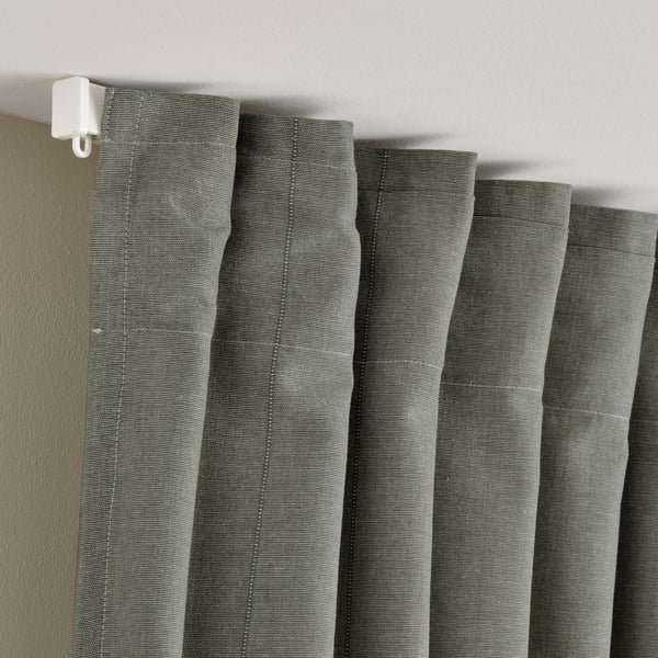 LENDA curtains with tie-backs, 1 pair, light grey-green/with heading tape, 140x300 cm