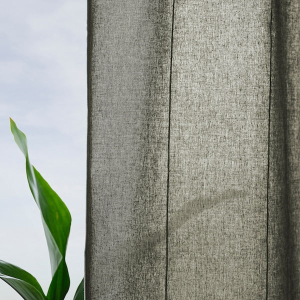 LENDA curtains with tie-backs, 1 pair, light grey-green/with heading tape, 140x300 cm