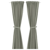LENDA curtains with tie-backs, 1 pair, light grey-green/with heading tape, 140x300 cm