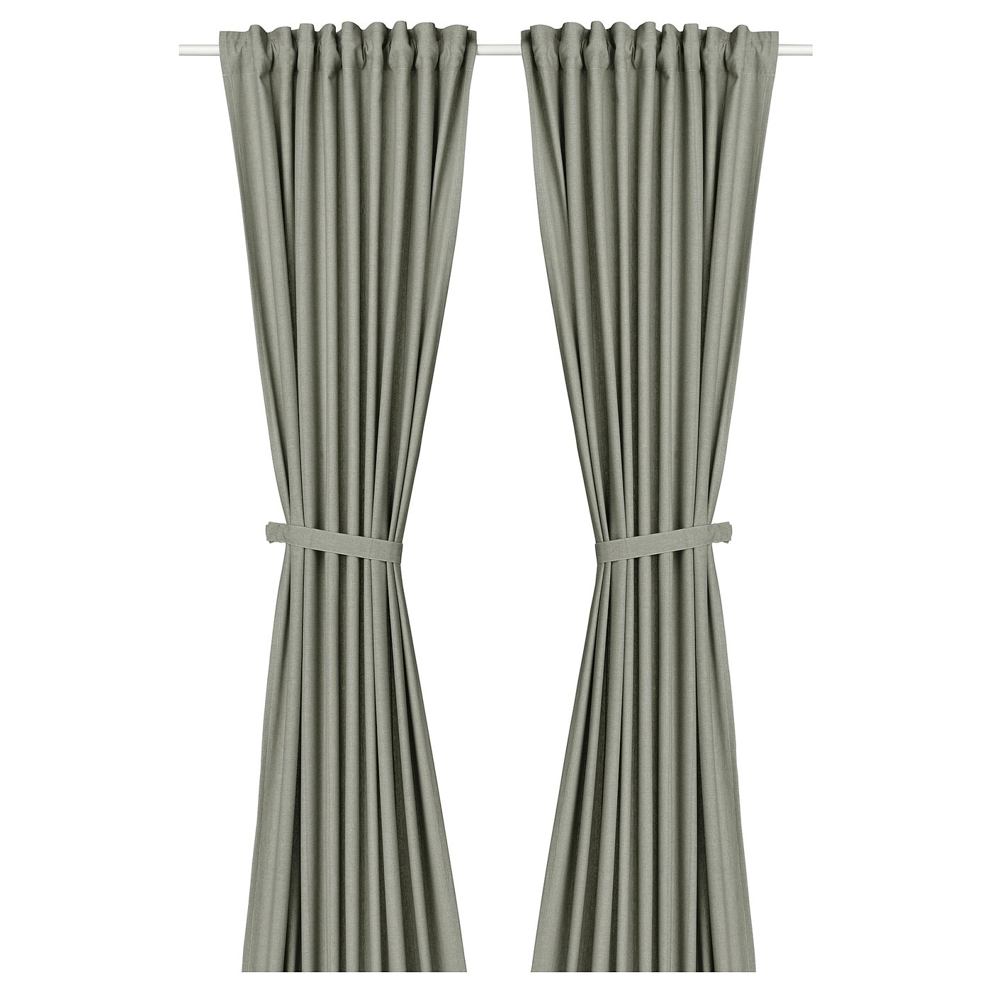LENDA curtains with tie-backs, 1 pair, light grey-green/with heading tape, 140x300 cm