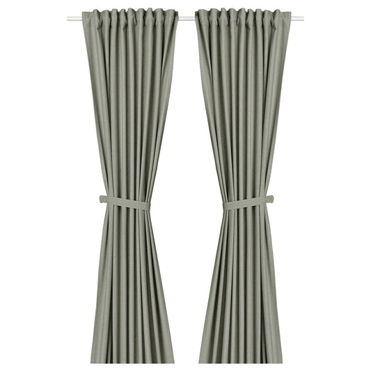 LENDA curtains with tie-backs, 1 pair, light grey-green/with heading tape, 140x300 cm