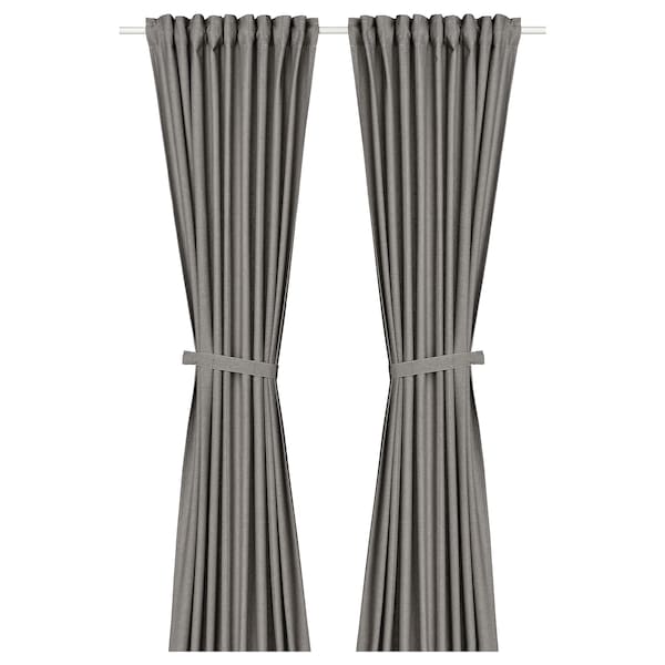 LENDA curtains with tie-backs, 1 pair, dark grey/with heading tape, 140x300 cm