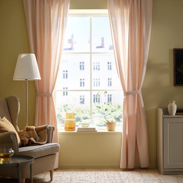 LENDA curtains with tie-backs, 1 pair, light pink/with heading tape, 140x300 cm