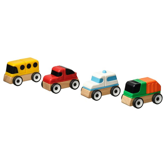 LILLABO vehicle, 4-piece set, sports car/school bus garbage truck recycle/police car/multicolor