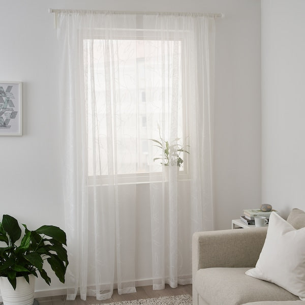 LILLEGERD Thin curtains, 1 pair - white leaves 145x300 cm ,