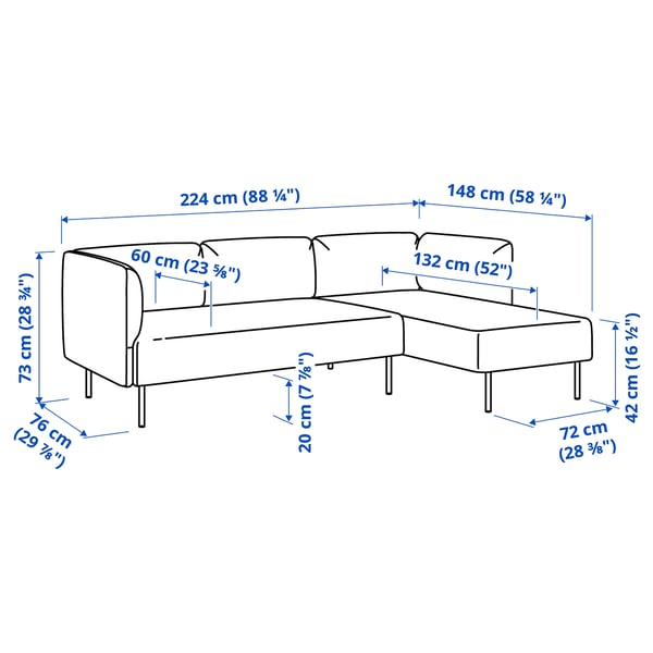 LILLEHEM 3-seat modular sofa w chaise longue, Gunnared/dark grey wood, 224x20x76 cm