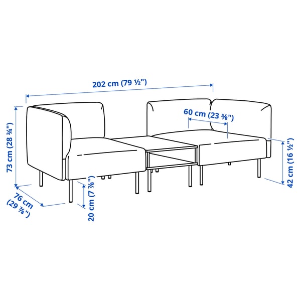 LILLEHEM 2-seat modular sofa with side table, Gunnared dark grey/metal, 202x73x76 cm