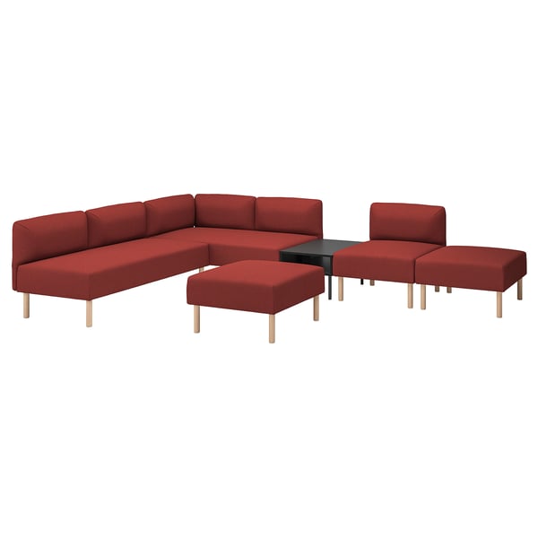 LILLEHEM 6-seat modular sofa with side table, Gunnared/brown-red wood, 220x342 cm