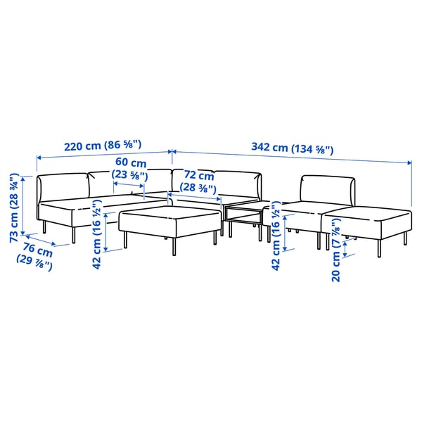 LILLEHEM 6-seat modular sofa with side table, Vissle/beige metal, 220x342 cm