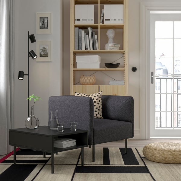LILLEHEM armchair with side table, Gunnared dark grey/metal, 70x50 cm