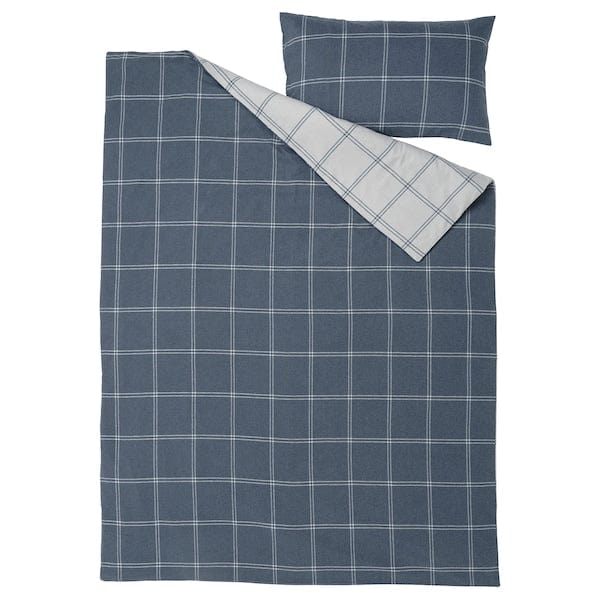 Ikea LINDDVÄRGMAL - Quilt cover and pillowcase, blue/check,150x200/50x80 cm