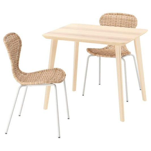 Ikea LISABO / ÄLVSTA - Table and 2 chairs, ash veneer/rattan white, 88x78 cm