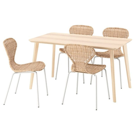 Ikea LISABO / ÄLVSTA - Table and 4 chairs, ash veneer/rattan white, 140x78 cm