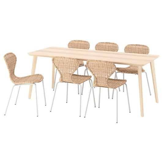 Ikea LISABO / ÄLVSTA - Table and 6 chairs, ash veneer/whiterattan,200x78 cm