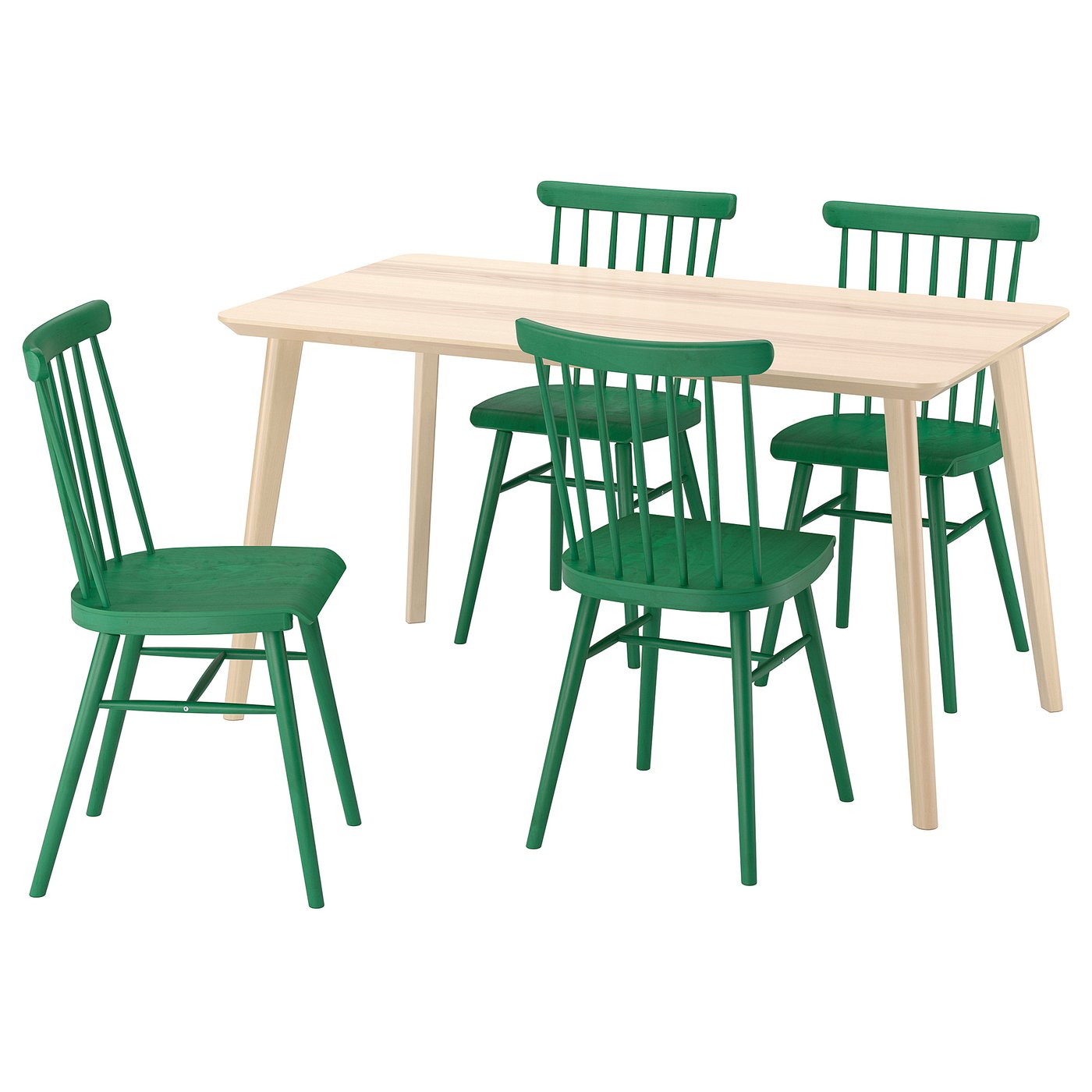 LISABO / HÖGVED table and 4 chairs, ash veneer/green, 140x78 cm