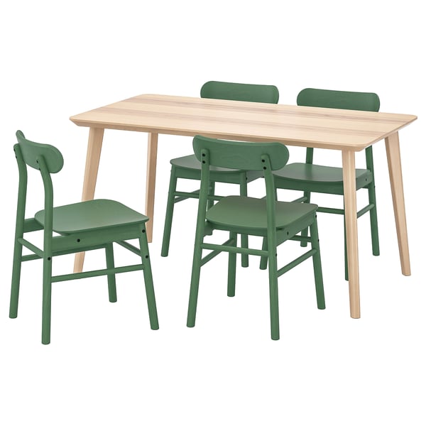 LISABO / RÖNNINGE table and 4 chairs, ash veneer/green, 140x78 cm