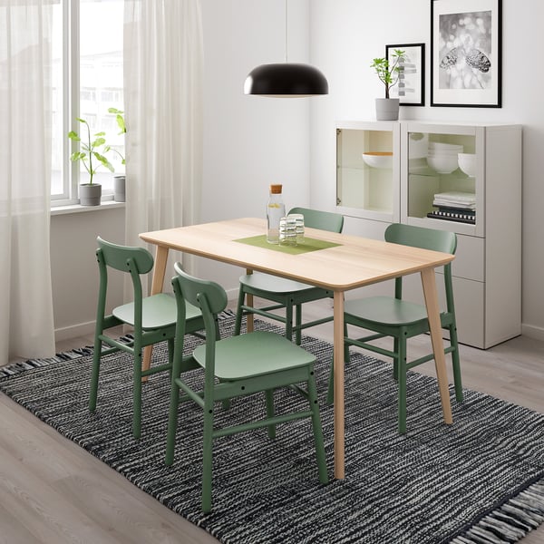 LISABO / RÖNNINGE table and 4 chairs, ash veneer/green, 140x78 cm
