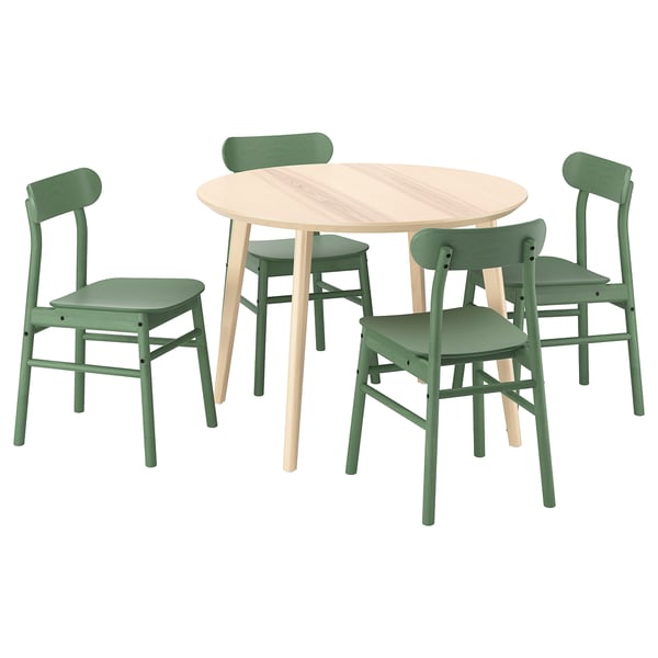 LISABO / RÖNNINGE table and 4 chairs, ash veneer/green, 105 cm
