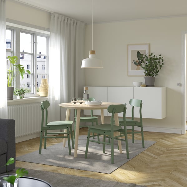 LISABO / RÖNNINGE table and 4 chairs, ash veneer/green, 105 cm