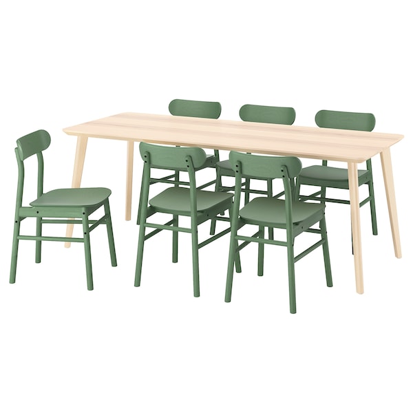 LISABO / RÖNNINGE - Table and 6 chairs, ash veneer/green,200x78 cm