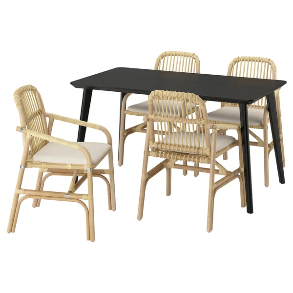 LISABO / SALNÖ table and 4 chairs with armrests, black rattan/Gransel natural, 140x78 cm
