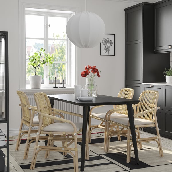 LISABO / SALNÖ table and 4 chairs with armrests, black rattan/Gransel natural, 140x78 cm