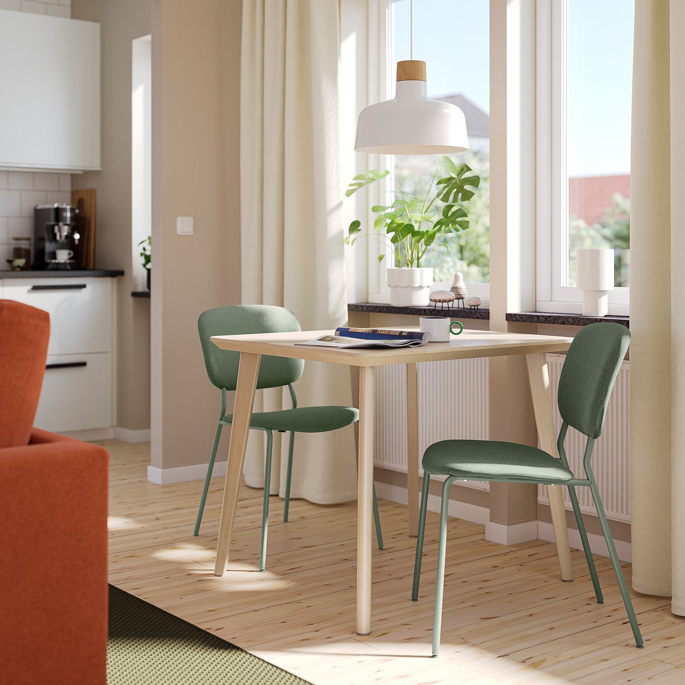 LISABO / VIHALS table and 2 chairs, ash veneer/green Tibbleby grey-green, 88 cm