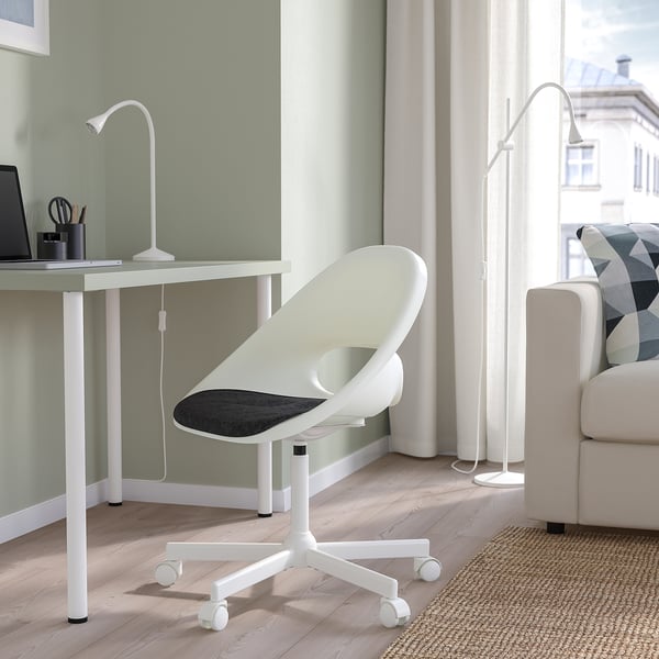 LOBERGET / MALSKÄR swivel chair + pad, white/dark grey, 67x90x67 cm