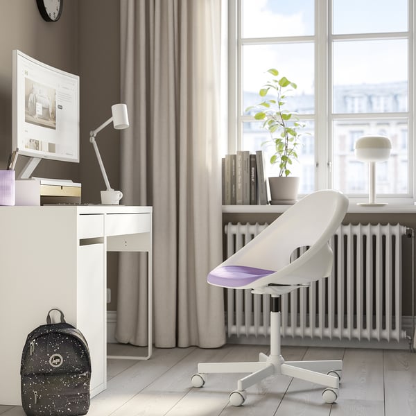 LOBERGET / MALSKÄR swivel chair + pad, white/lilac