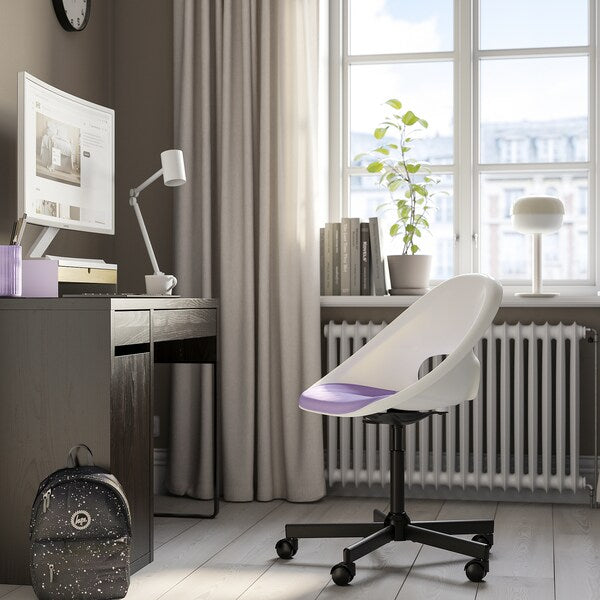 LOBERGET / MALSKÄR - Swivel chair and cushion, white black/lilac