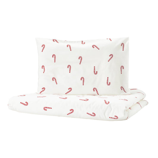LÖVSÅNGARE duvet cover 1 pillowcase for cot, candy cane pattern, 110x125/35x55 cm