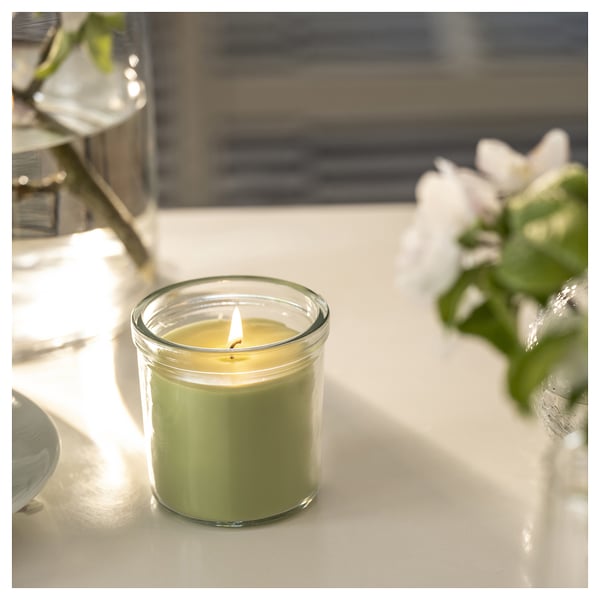 LÖVSKOGSLUND scented candle in glass, Apple/light green, 20 hr