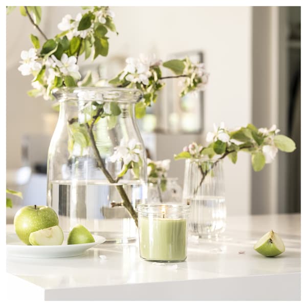 LÖVSKOGSLUND scented candle in glass, Apple/light green, 40 h