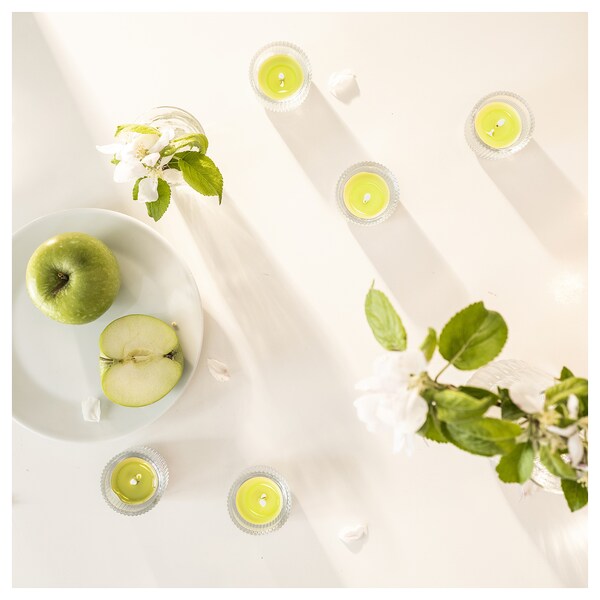 LÖVSKOGSLUND scented tealight, Apple/light green, 3.5 hr, 30 pack