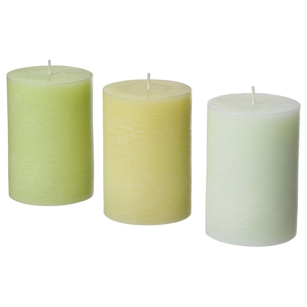 LÖVSKOGSLUND scented pillar candle, Apple mixed colours, 7 cm, 3 pack