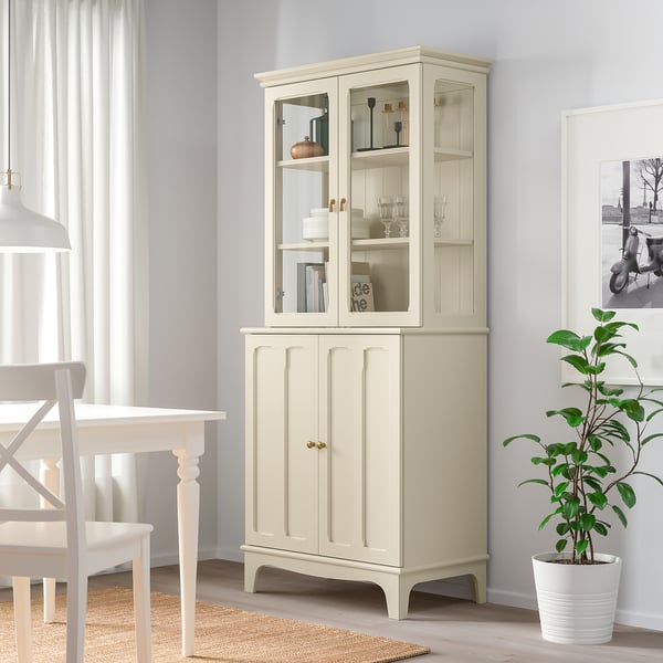 LOMMARP cabinet with glass doors, light beige, 86x199 cm