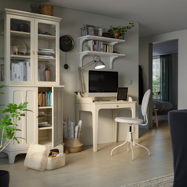 LOMMARP cabinet with glass doors, light beige, 86x199 cm
