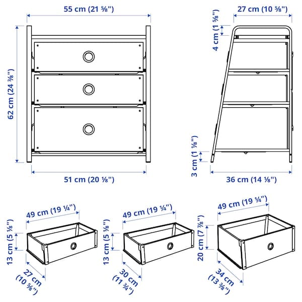 Ikea LOTE - Chest of 3 drawers, white, 55x62 cm