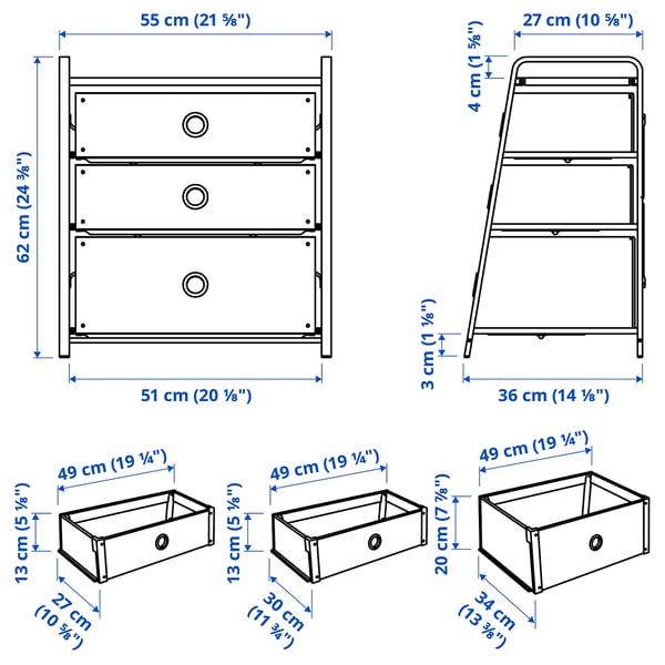 LOTE chest of 3 drawers, white, 55x36x62 cm